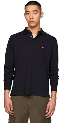 Tommy Hilfiger Men's Long Sleeve Polo Shirts in Regular Fit with Stretch and Organic Pique Cotton, Desert Sky, S
