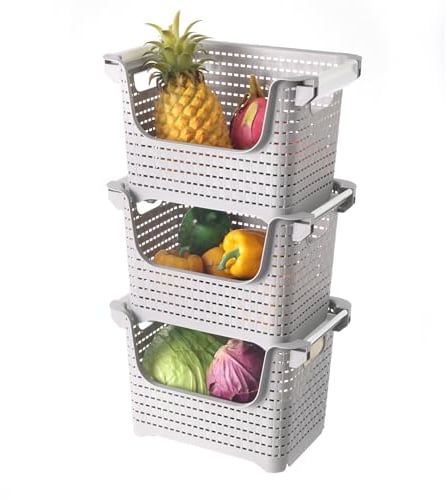 Qualiware Paquete de 3 cestas apilables de almacenamiento de verduras de plástico para organizar frutas, condimentos, artículos de tocador, aperitivos, cocina, baño, apilables, 21 x 33 x 60 cm con