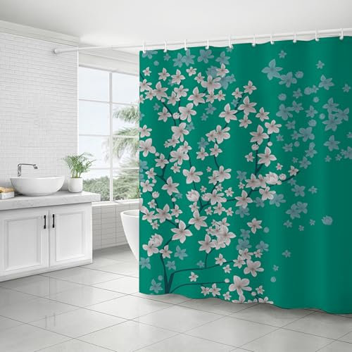 FAIRYGATE Duschvorhang Grüne Blätter mit Fenster - Exotische Stoffliches Gewebe in Grau, Badezimmerdekorationsset mit Haken, 180 x 180 cm, Polyester Stoff Waschbar B8705