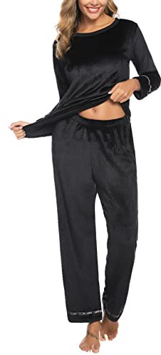Nieery Pigiama Donna Invernale in Pile Flanella Pigiami Lungo Caldo Morbido e Confortevole Nero XL