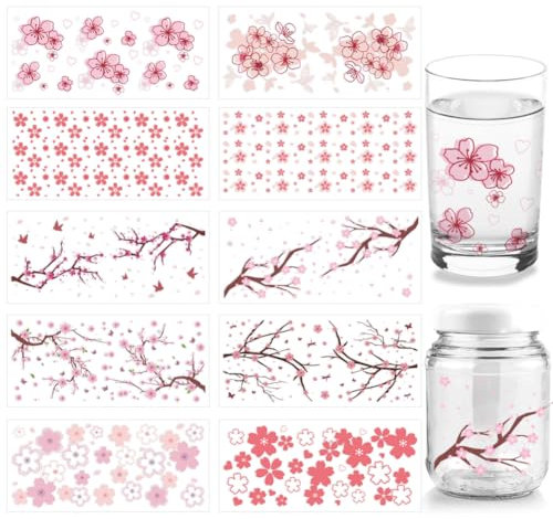 arricraft 10 Sheets Cherry Blossoms UV DTF Cup Wrap for 16OZ Glass, Flowers Butterflies Branchs Rub on Decals PVC Transfer Stickers for DIY Cups Bottles Funiture Wood Garden Crafts Women 9.4x4.3 inch