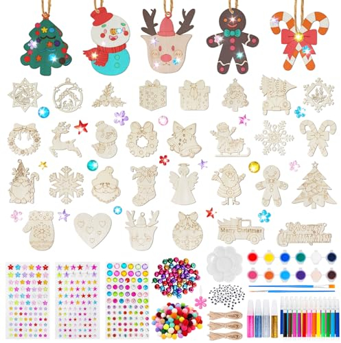 298 Stück Holzanhänger Weihnachten zum Bemalen Set，30 Arten Basteln Weihnachten Kinder Je 2，Christbaumschmuck Kinder Holz Weihnachtsdeko Anhänger DIY Weihnachtsdekoration Holz Basteln