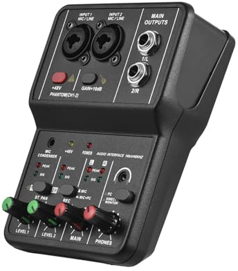 Funien Audio Interface Professional Recording Sound Card 16bit/48kHz Mini USB Audio Interface Sound Card 2-In & 2-Out with 48V Phantom Power USB-B Cable Studio Recording Equipment for Music Recording