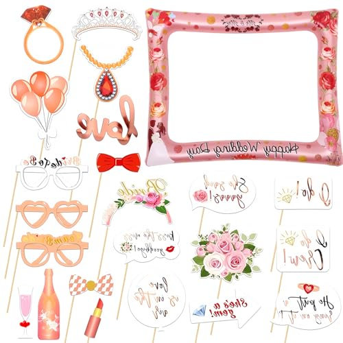 Inflatable Selfie Frame with 23pcs Photo Booth Props, Rose Gold Wedding Inflatable Picture Frame Blow Up Party Prop Kit for Bridal Shower Wedding Party Games Accessories