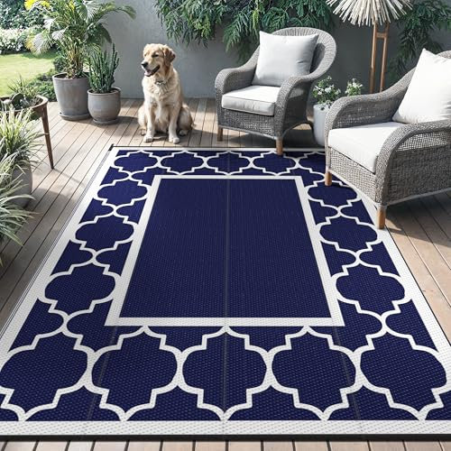 GENIMO Outdoor Teppich Wetterfest 180 x 275 cm, Balkonteppich Wasserfest für Terrasse, Gartenteppich Beidseitig Kunststoff, Aussenteppich in 5 Größen, Blau & Weiß Morocco Spalier