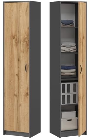 Bücherregal Kleiderschrank Regal anthrazit-Eiche 40cm breit 180cm hoch Schrank Organizer Mehrzweckschrank, 4 verstellbaren Einlegeböden Aktenschrank Regal Wand schmal Holz für Schlafzimmer Flur Büro