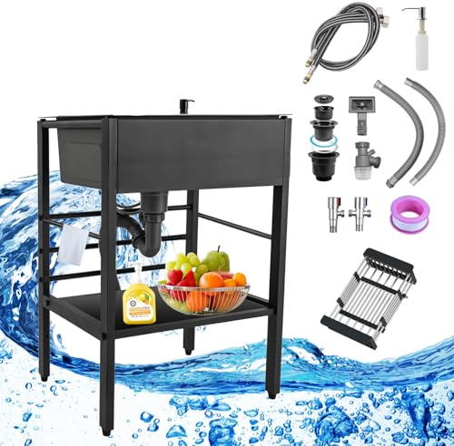 Koubhyj Outdoor Küche, Camping Waschbecken Mobiles Waschbecken Spülbecken Edelstahl mit Ablageflächen Für Küche, Garage, Waschküche, Outdoor(50x40x86cm/Kein Wasserhahn)
