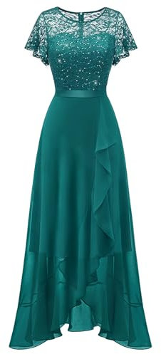 Berylove Robe de Soirée Longue Élégante pour Mariage - Robe de Cocktail avec Fente - Vert Paon Pailleté, XS