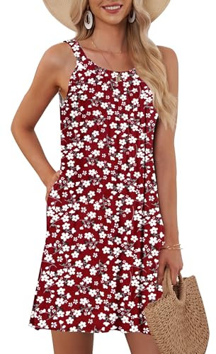 AUSELILY Damen Sommer Tank Kleid Casual Urlaub Kurze Halter Kleider Rote Blumen XL