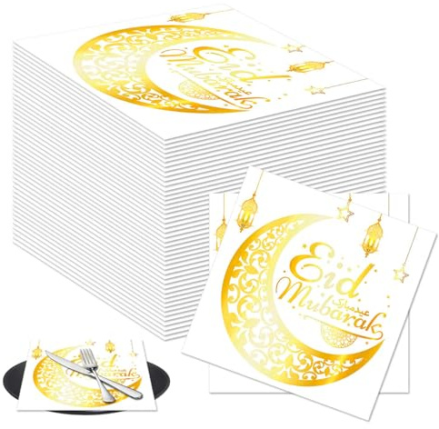 Eid Mubarak Servietten Ramadan Deko - Ramadan Servietten Gold Weiß Exklusive Ramadan Tischdeko - 80 Stück Eid Mubarak Servietten - Perfekt für Ramadan Dekoration und Eid Mubarak Dekoration