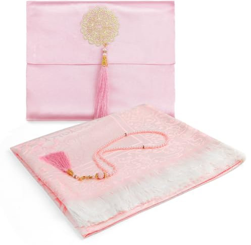 TaleMoon Muslimischer Gebetsteppich Rosa mit Gebetsperlen Stoff-Tasche,Prayer Mat für Frauen,Ramadan,Bayram Geschenke,Islamische Gebetsmatte,Seccade Namaz,Sajadah,Janamaz,Gebet Teppich Matte
