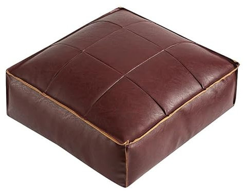 Ottomane quadratisches Bodenkissen, PU-Leder, Vintage-Retro-Stil, gewachstes Leder, Sitz für Wohnzimmer, Schlafzimmer, Balkon (Fuchsia, nur Bezug, L-45 x 45 x 15 cm)