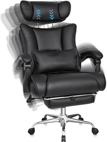 BASETBL Poltrona Ufficio, Sedia Ufficio Ergonomica da 440 lbs (200 kg), Poggiatesta Regolabile in Altezza con Poggiapiedi, Blocco Gratuito tra 90° e 120°, Larga Sedia Presidenziale in Ecopelle, Nera
