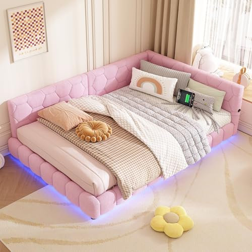 LAKFEW Kinderbett Doppelbett 140x200, Sofabett Polsterbett mit LED, Schlafsofa mit Typ C und USB-Ladeanschluss, Bettgestell Bett mit Lattenrost, Rosa, Samt, Ohne Matratze