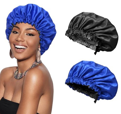 Euqvunn 2Pièces Bonnet Satin Cheveux Nuit, Réglable avec Large Bande Élastique Bonnet en Satin, Double Face À Deux Couleurs, Adapté pour Protection Cheveux Longs/Raides/Bouclés (Noir Bleu)