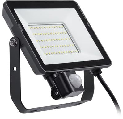 PILA Foco LED con Sensor de Movimiento para exterior, 50W, No regulable, Luz Blanca Neutra (4000K), 4750 Lúmenes, Óptica simétrica de vidrio templado, 35.000 h de Vida Útil, Cable 60cm