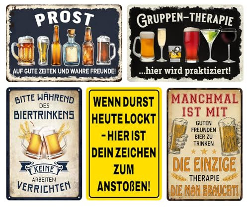 5er Set Lustige Metall-Wandschilder für Bar, Garten & Mannshöhle (20x30 cm) – Deko für Zuhause, Café, Club & Kneipe – Rustikale Retro-Schilder