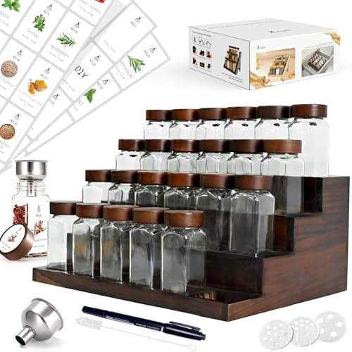 DSUID 2-in-1 Standing Acacia Spice Rack with 24x120ml Spice Jars with Lids and Labels | Spice Organiser, Draw Organisers & Space-Saving spice rack organiser for Kitchen Storage (Seasoning Organizer)
