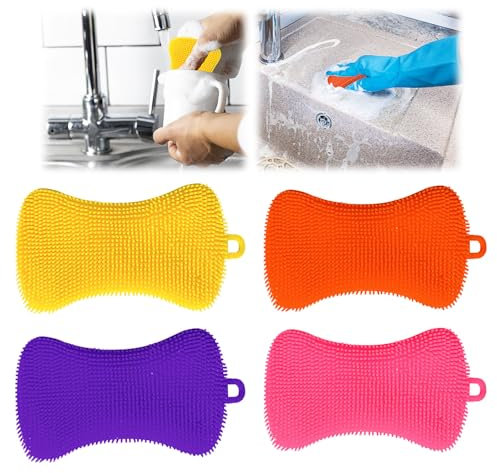 Paquete de 4 estropajos de silicona, esponja de silicona para platos, esponja de cocina para limpiar platos, colorido (Color-B)