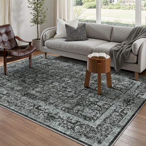 HUGEAR Tiefschwarz Vintage Teppich Wohnzimmer 90x150cm Waschbar | Waschbarer Retro Teppich,Weich,Rutschfest Kurzflor,Groß,für Wohnzimmer,Schlafzimmer, Esszimmer,Büro,Carpet,Teppiche