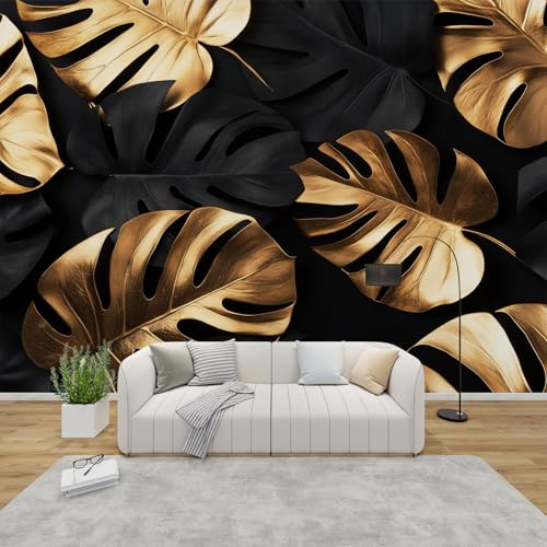 PaxGloz Fototapete Schwarz Gold Monstera Blätter Tapete Tropische Pflanzen Tapeten Vliestapete Modern Wandtapete Wohnzimmer Schlafzimmer Kinderzimmer Wanddeko Motivtapeten 416 x 254 cm (B x H)