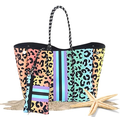 SACKTORLEX BOLSO PLAYA Mujer Grande Impermeable+Pouch INCLUIDO-bolsa playa de mano TOTE BAG tela Neopreno con cierre Mágnetico Ligero y Multiusos para Piscina, Playa, Trabajo y Viaje (ANIMAL PRINT)