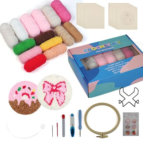 DAECHAO 6 Packs Punch Needle Kit for Beginners Adults, Punch Needle Embroidery Kit Cute Yarns Hoop Instructions Sugar Bloom Patterns Tools Yarn Rug Tufting Coaster Art Crafts
