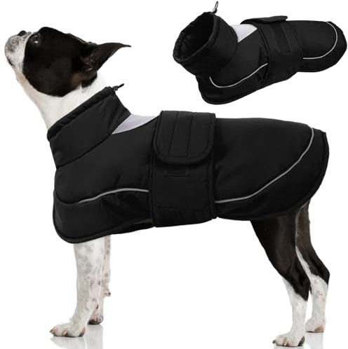 Kuoser Hundemantel Hundejacke, Warme wasserdichte Hundejacke mit Reflektierendem Design, Kordelzug am Hals, Einfach mit Klettverschluss An- und Auszuziehen, Schwarz M