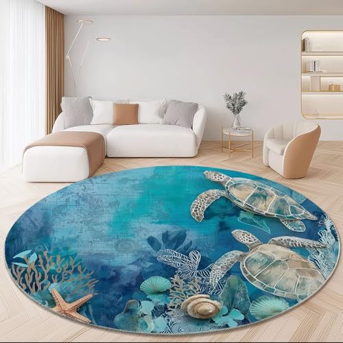 Generisch Kurzflor Teppich Rund 120 cm Türkis Aquarell Meer Schildkröte Muster Dekorative Wohnzimmer Schlafzimmer Teppich Läufer Anti-Rutsch Unterseite für Esszimmer