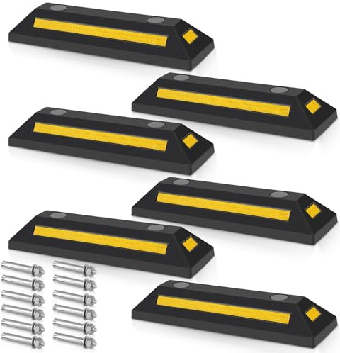 Jaxguom Juego 6 topes de aparcamiento 54 x 15 x 10 cm caucho con bandas reflectoras alta visibilidad topes de rueda de fácil instalación ideal para garajes, parkings y zonas de estacionamiento