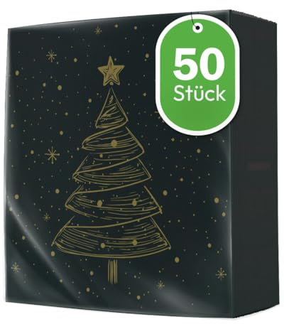 50 Stück große Servietten stoffähnlich Weihnachten Eleganter Weihnachtsbaum schwarz gold als Tischdeko. Winter Geburtstag Weihnachtsfeier 40x40cm