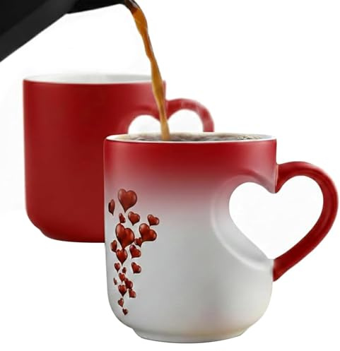 Herz Farbwechsel Magischer Kaffeetasse, Personalisierte Zaubertasse, Farbwechselnde Tasse mit Herzgriff, Romantische Trinkbecher mit Farbwechsel Valentinstag Geschenke für Damen Herren (Rot)