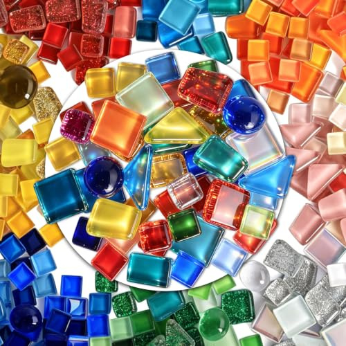Mosaiksteine Bunt Glitzer 650g – Glasmosaik Fliesen polygonal Basteln | Bunte Glassteine für Erwachsene im Hobby Kunstgewerbe, ideal zum DIY Handwerk von Untersetzer, Windlicht und Wohndeko