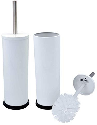 Harbour Housewares Toilet Brush and Holders - White - Pack of 2 - Round Toilet Bowl Brush & Holder Stainless Steel Bathroom Deep Cleaning Scrub