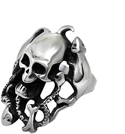 Daesar Punk Edelstahlringe für Männer Totenkopf Schädel Gothic Schwarz Silber Ring Freundschaftsring