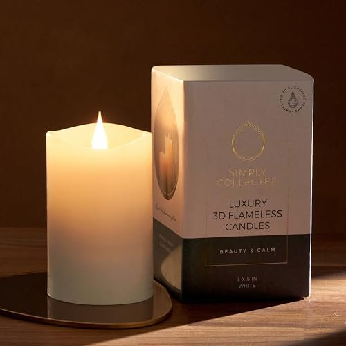 Simply Collected |3D Flickering Flameless Candles Battery Operated|800+ Hours Bright Warm-White Flame-360 Degree Wax Pillar|Large Battery Operated Candles with Timer|Unscented,LED(White, 3 x 5 inches)