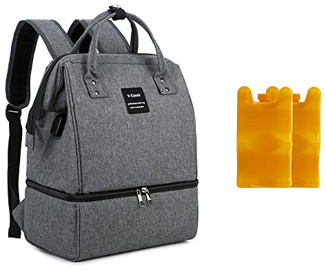 Zyorenc Wickelrucksack Kuehltasche Muttermilch Transport Lunch Isolierte Flaschentasche Baby mit USB (Grau)