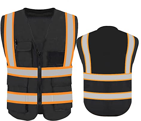 Sicherheitsweste mit reflektierenden Streifen und Frontreißverschluss, Schwarz (orangefarbenes Gurtband), Größe L