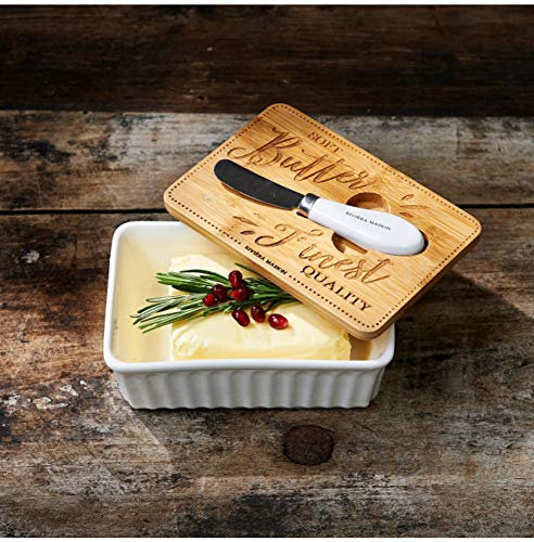 Riviera Maison - Butter Dish - Buttertopf mit Buttermesser - Porzellan/Mangoholz - Weiss/Braun - (BxH) 11 x 6cm
