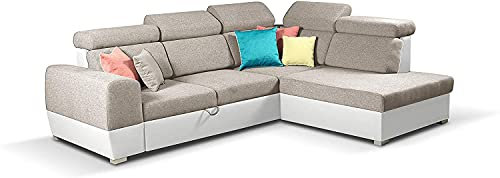 MOEBLO Ecksofa mit Schlaffunktion mit Bettkasten Sofa Couch L-Form Polstergarnitur Wohnlandschaft Polstersofa mit Ottomane Couchgranitur mit Bettfunktion - Aldo (Beige, Ecksofa Rechts)