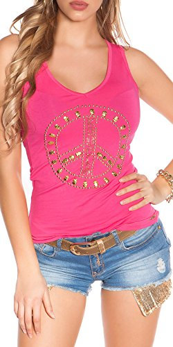 Koucla Top Tanktop Shirt mit Peace-Print aus Nieten und Glitzersteinen (Pink)