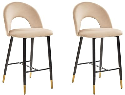 Beliani 2 Tabourets Chaises Hautes de Bar en Velours Beige Pieds Noirs et Dorés Design et Confort pour Cuisine ou Salon Rétro et Glamour