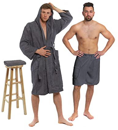 Interkontakt SET - M - Bademantel Herren Frottee mit Kapuze + Saunakilt Herren + Handtuch - 100% Baumwolle OEKO-TEX® Zertifiziert - Verfügbare Größen (S, M, L, XL, XXL) - Bademantel Set - Grau