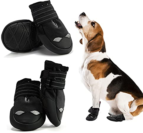 4Pcs Hundeschuhe, Pfotenschutz für Hunde mit reflektierenden Riemen, wasserdichte Hundestiefel mit weicher Sohle für Hunde (1#, Schwarz)