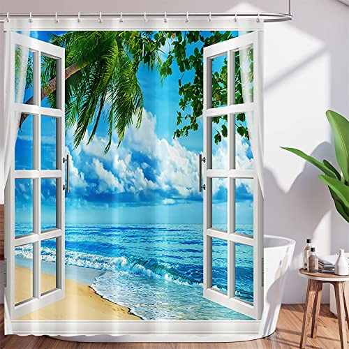 Rideau de Douche à Motif Plage Tropicale, Paysage balnéaire d'été, Palmier, océan, île, Rideaux de Bain, fenêtre en Bois Blanc, Polyester imperméable, décoration de Salle de Bain, Ensemble de Rideaux