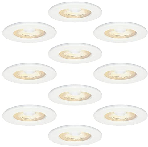 HOFTRONIC 10x Nola - LED Einbaustrahler 68mm Weiß - IP65 Wasserdicht für Außen, Dachüberstand und Bad - 5W 480lm - 2700K Extra Warmweiß - Deckeneinbauleuchte Einbauspots
