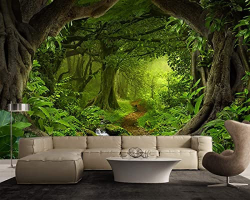 Canvas Texture Wall Mural, Landscape Fantasy Enchanted Magical Forest, Self-Adhesive Vinyl Wallpaper, Peel & Stick Fabric Wall Decal 350cm x 245cm (Width x Height)