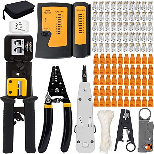 MAYLINEE RJ45 Kit de Herramientas de Crimpado, Probador Crimpadora CAT5 CAT6 Pelador de cables de red, Mantenimiento Alicate Network Tool LAN pelacables alicates de paso 50 Conectores(Rojo)