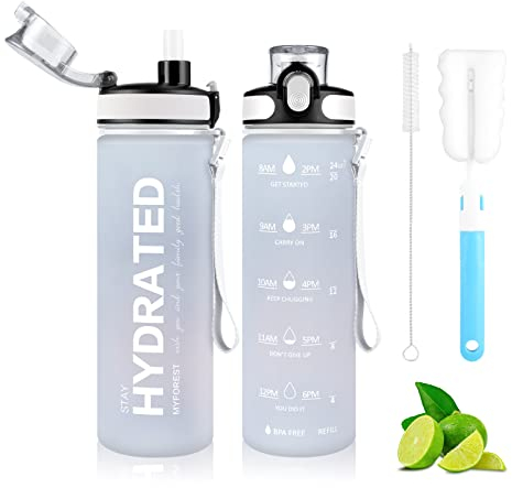 MYFOREST 700ml Tritan Trinkflasche, großer Auslauf für großer Schluck/abnehmbarer für klein Trinken, Kratzfester Zeitmarker für motivierende Flüssigkeitszufuhr, sturzfest/BPA-frei Wasserflasche