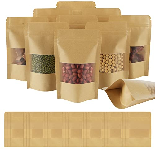 AUAUY 55Pcs Stand Up Pouches, Kraft Bags with Window, 3.5 x 5.5/9 x 14 cm Brown Resealable Bags with Tear Notch, Paper Ziplock Bags for Home or Business Food Storage Bags